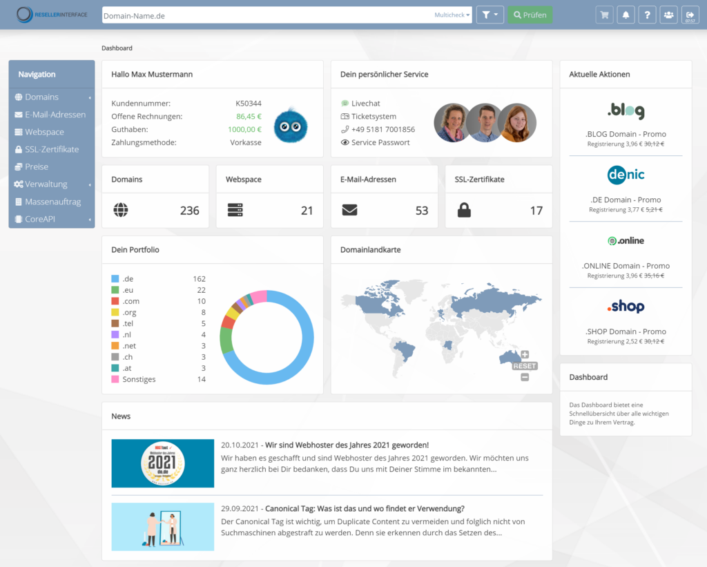 Dashboard des Interface