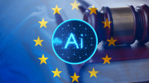 KI Kennzeichnungspflicht - AI Act 2026 visualisiert mit den EU Sternen, einem AI Schriftzug und einem Justizhammer